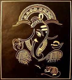 an intricately designed gold and black elephant on a black background with white trimmings