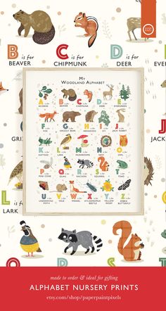 an alphabet poster with animals and letters on it