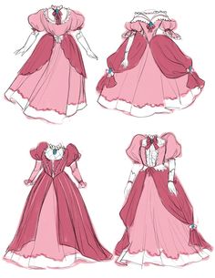 four different views of the same dress, one in pink and one in red with white trim