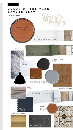 an advertisement for the color of the year, featuring different shades of paint and wood