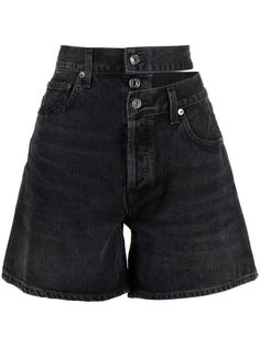 black organic cotton washed denim cut-out detailing front button and zip fastening belt loops classic five pockets Denim Shorts Black, Bermuda Jeans, City Dress, Denim Shorts Women, Summer Beach Wear, Shorts Jeans, Washed Denim, Shorts Black, Black Denim Shorts