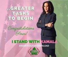 a woman standing with her arms crossed in front of an american flag and the words, greater task to begin congratulations for you