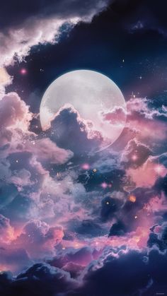 the sky is full of clouds and stars with a large moon in the distance above it