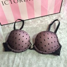 Victoria's Secret Sexy Little Things Padded Push-Up Bra. Never Worn, Like New Condition. A Rhinestone Heart Clasp Lets You Adjust The Amount Of Cleavage. Black Sheer With Polka Dots Over Pick Cups. Light Padding At Bottom Of Cup. Band Is Sheer With The Same Polka Dots. Single Hook Closure. Fully Convertible Straps Hook At Both Ends. 32d Bra, Cute Bras, Cute Lingerie, Sleep Wear, Rhinestone Heart, Cute Everyday Outfits, Push Up Bra, Random Things, Girl Power