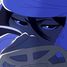 an anime character with blue eyes wearing a helmet and holding a metal object in his hand