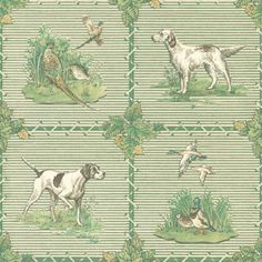 a green and white wallpaper with dogs, birds and flowers on it's border