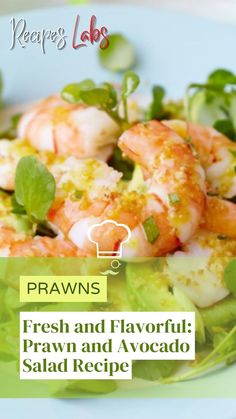 a plate of food with shrimp and salad on it that reads prawns fresh and flavorful prawn and avocado salad recipe