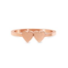 This uniquely shaped double heart ring is composed of 14K solid gold & can be finished with any double initials in any font style desired. Either way, with or without engraving this ring will be a great addition to your collection. NOTE: Please indicate the specific font name in the "Notes" section upon checkout, if you wish to have this item engraved. Ring Dimensions: Double Heart Surface: approximately 9mm (w) x 5mm (h) Inner Band Ring Thickness: approximately 1.55mm Metal Finish: High Shi Personalized Rose Gold Rings For Valentine's Day, Minimalist Personalized Engraved Ring For Valentine's Day, Valentine's Day Rose Gold Stackable Rings, Promise Stackable Rose Gold Initial Ring, Rose Gold Stackable Initial Ring For Promise, Promise Rose Gold Stackable Initial Ring, Valentine's Day Adjustable Rose Gold Stackable Rings, Personalized Rose Gold Promise Heart Ring, Personalized Rose Gold Heart Promise Ring