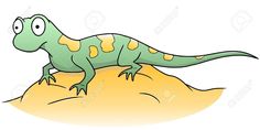 a cartoon green and yellow lizard on top of a hill with eyes wide open stock photo