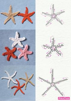 crocheted starfish appliques are shown in four different colors and sizes