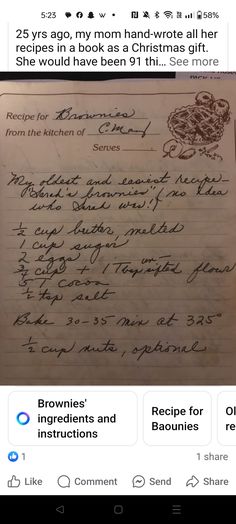 an old recipe book with some writing on it and the recipe for brownies written in cursive handwriting