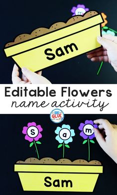 two hands holding flowers in front of the same flower pot with name and letter cards