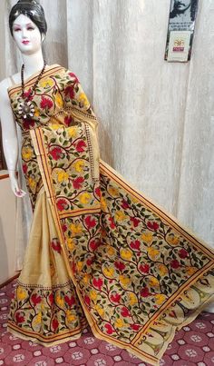 This is a 6.5 meters handmade silk saree with 100% environment friendly material, it is made of tussar & ghachi silk thread, all of our products are made of pure silk threads. The design of this saree contains uneven knots which are due to natural state of the fabric and should be considered unique feature of the product. Every stitching has its own uniqueness and the methodology from which it is created took great creativity. every designs are unique so design may vary from the image but the qu Bohemian Tussar Silk Embroidered Saree, Bohemian Tussar Silk Saree With Resham Embroidery, Embroidered Tussar Silk Dupatta, Bohemian Saree In Raw Silk With Resham Embroidery, Bohemian Raw Silk Saree With Resham Embroidery, Tussar Silk Dupatta With Motifs, Bohemian Tussar Silk Saree With Pallu, Bohemian Slub Silk Saree With Cutdana, Bohemian Tussar Silk Blouse With Cutdana