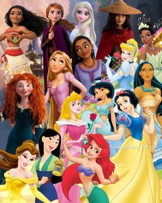 the disney princesses are all dressed up in their dresses and tiara outfits for this photo