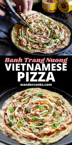 an image of vietnamese pizza being made with noodles and veggies