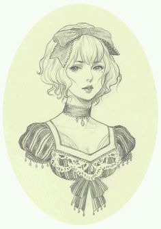 a drawing of a woman in a dress with a hat on her head and necklace around her neck