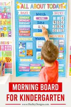 a young boy writing on a bulletin board with the words, morning board for kids