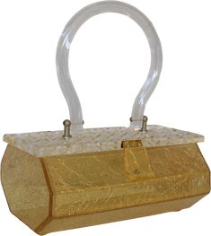 Gorgeous 50s lucite purse in wonderful condition. Clear lucite with embedded metallic gold confetti as pictured. Crystal clear molded top as pictured. The matching handle is attached with interior screws and swivels back and forth. Fastens with a hinged lucite rectangle as pictured. The purse stands on four half circle clear lucite feet as pictured. This purse is not lined and shows no evidence of ever having had a lining. MEASUREMENTS: 9-1/4" - Tall (includes handle in an upright position) 7-1/2" - Wide Across the Front of the Lid4-7/8" - Wide Across The Widest Part of the Sides5-1/4" - Handle Drop CONDITION: Excellent. There are no cracks, chips, fogging, or breaks in the lucite. All hardware and clasps are complete, work well, and are securely fastened. There are no odors. DESIGNER LABE Gold Glitter Confetti, Glitter Confetti, Vintage Suits, Gold Confetti, Half Circle, Vintage Purse, Classic Jewelry