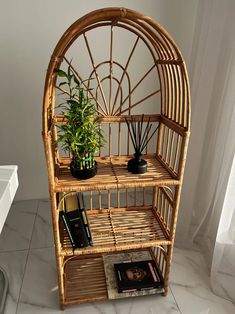 a bamboo shelf with plants and books on it