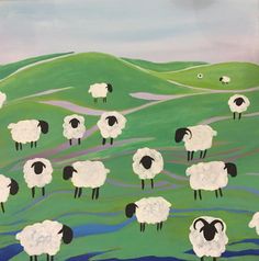 a painting of sheep in a green field