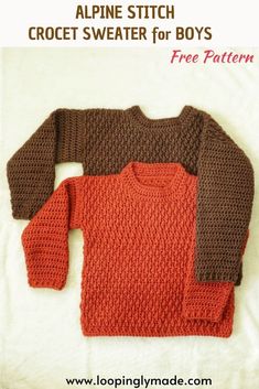 a knitted sweater for boys is shown with the text, alpine stitch crochet sweater