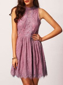 Purple Embroidered Dress with Mock Neck in Sleeveless Lace Purple Lace Dress, Vestidos Color Rosa, Embroidered Lace Dress, Semi Formal Dresses, Pink Dresses, Purple Lace, Homecoming Dress, Featuring Dress