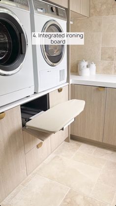 a washer and dryer sitting in a kitchen next to each other with the words, 4 integrated ironing boards