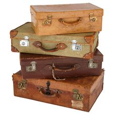 Collection of vintage luggage, a set of four English travel cases. English, 20th Century Green: height 18cm, width 67cm, depth 38cm. Tan: height 18cm, width 53cm, depth 33cm. Fascinating historical pieces, and fine objects that have stood the test of time despite rigorous usage, these four vintage travel cases date to the early part of the twentieth century, and testify to the history of British railways and travel. In green, tan, and light and dark brown, they are of approximately the same size Travel Items Must Have, Vintage Brown Rectangular Luggage, Vintage Rectangular Travel Case, Vintage Luggage Aesthetic, Vintage Rectangular Case With Luggage Sleeve, Vintage Rectangular Luggage With Sleeve, Vintage Luggage With Sleeve, Vintage Brown Cases With Luggage Sleeve, 70s Suitcase