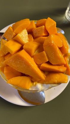 a plate topped with sliced mangoes on top of a table