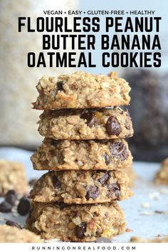 four oatmeal cookies stacked on top of each other with text overlay reading flourless peanut butter banana oatmeal cookies