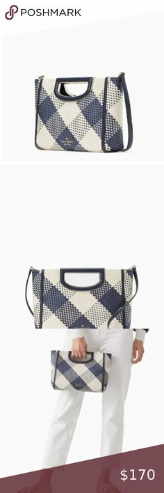 KATE SPADE NWT Gingham Woven Straw Clutch/Crossbody in Navy Blue & Ivory Alexia Straw Clutch, Blazer Blue, Blue And White Style, Blue Ivory, Kate Spade New York, Smooth Leather, Gingham, Zip Pockets, Kate Spade