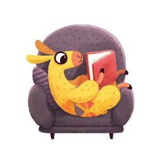 a cartoon character sitting in a chair reading a book