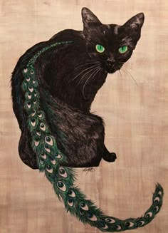 a painting of a black cat with green eyes and a peacock tail on a beige background