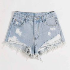 Nwt Ripped Raw Cut Denim Shorts In Light Wash Super Cute Distressed Cut Off Jean Shorts! Slight Stretch. High Waisted. Size: Xxl (Us 14) Product Measurements: Length: 11.5 Inches Waist: 37 Inches Hips: 48 Inches Thigh: 30.4 Inches Inseam: 3.6 Inches Grey Ripped Jeans, High Rise Blue Jeans, Embellished Shorts, Denim Jeans Ripped, Ripped Mom Jeans, Ripped Jean Shorts, Shein Outfits, Ripped Denim Shorts, Ripped Shorts