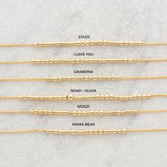 Made to order and handcrafted just for you, our Golden Morse Code Necklace features 14k gold filled beads encoded with a secret message known only to you and those you choose to share it with. A perfect blend of sophistication and mystery, this necklace is a subtle yet stylish statement piece that adds a personal touch to any outfit. D E T A I L S * 100% 14K gold fill or sterling silver chain, bead, and findings * Made in USAhandmade with love in San Diego, CA C H A I N - L E N G T H  * choose y Code Morse, Necklace With Name, Morse Code Necklace, Bar Necklace Personalized, Hidden Message, Morse Code, Best Friend Gift, Shopping Day, Choker Necklaces