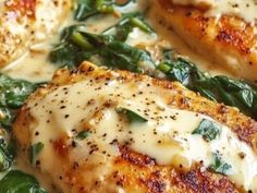 some chicken with spinach and cheese on it