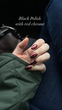 Red chrome nails Jewel Tone Chrome Nails, Burgundy Nails Crome, Maroon Crome Nails, Black Nails Red Chrome, Dark Red Metallic Nails, Burgundy With Chrome Nails, Chrome Blood Nails, Black With Red Chrome Nails, Dark Red Velvet Nails