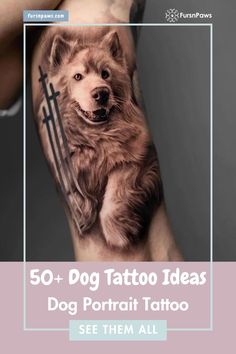 a dog with a cross tattoo on it's arm and the words, 50 + dog