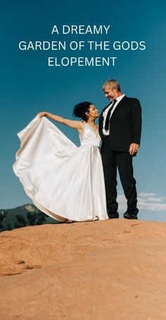 a man and woman are standing on top of a hill with the words, a dreamy garden of the gods development