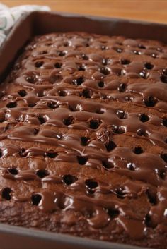 a chocolate cake in a pan on a table