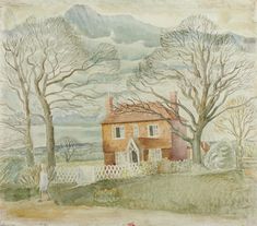 a painting of a house with trees in the foreground and a person walking past it