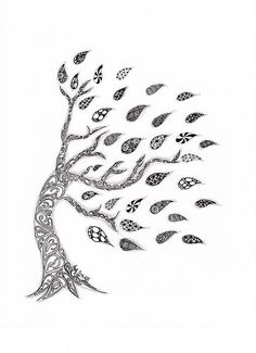 a drawing of a tree with lots of leaves flying in the air and an intricate design on it