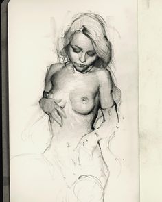 a black and white drawing of a naked woman with her hands on her hips, looking down