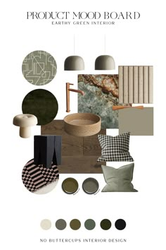 the product mood board is full of different colors and textures, including black, white, green