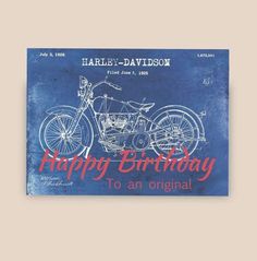 happy birthday to an original harley - davidson motorcycle blueprint on canvas by artist james davidson