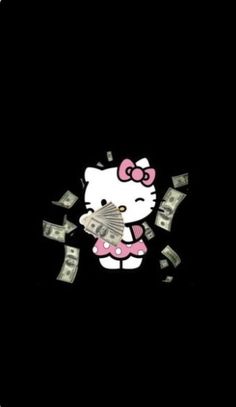 a hello kitty wallpaper with money coming out of it