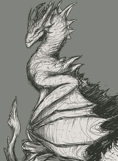 a black and white drawing of a dragon