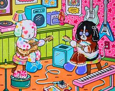 a painting of two dogs playing the guitar and singing in a room full of toys