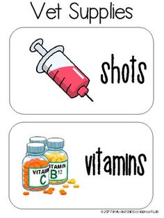 two stickers with the words vet supplies, shots and vitamins