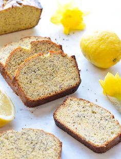 slices of lemon poppy seed bread on a white surface